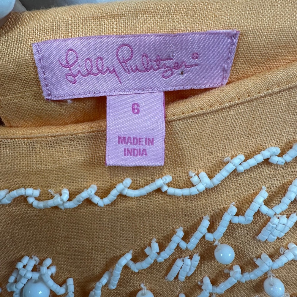 Lilly Pulitzer Rawley Linen Shift Dress Beaded Details Orange and White Size 6 - Picture 3 of 6